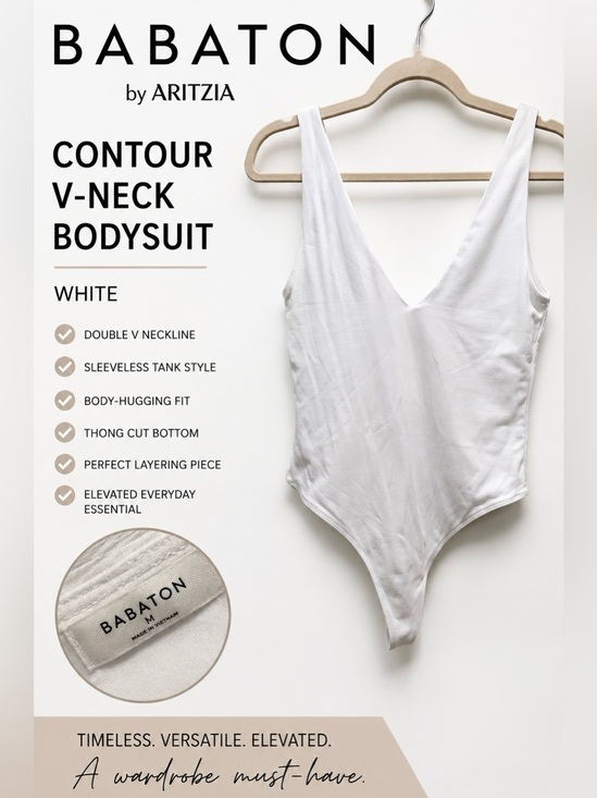 Babaton Tops - Babaton Contour V-Neck Bodysuit White Aritzia Sleeveless Double V Thong Bodysuit